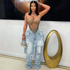 Women's Patchwork Asymmetric Jeans High Street Holes Wide Leg Vintage Casual Streetwear Denim Trousers
