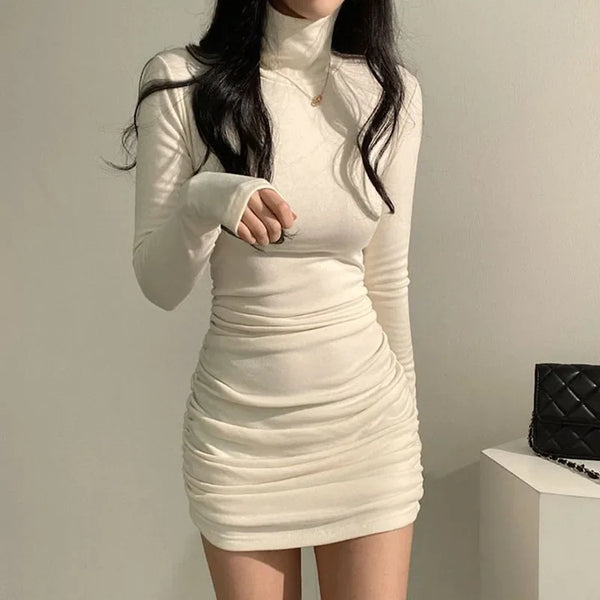 Sexy High Waist Bandage Dresses for Women Thicken Slim Elastic Turtleneck Dress Woman Solid Color Long Sleeve Inner Wear Dresses