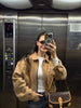 Brown Loose Short Suede Jacket Women Lapel Lantern Sleeves Zipper Outwears Lady Spring Daily Commute Street Coat