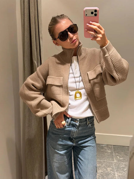 Women Camel Ribbed Knit Cardigan Zip Up High Collar Long Sleeve Cropped Sweater Flap Pockets Jacket Casual Autumn Outfits
