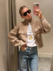 Women Camel Ribbed Knit Cardigan Zip Up High Collar Long Sleeve Cropped Sweater Flap Pockets Jacket Casual Autumn Outfits
