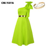 Women Big Bow Shoulder Skew Collar Big Swing Knee Length Dress Belt Street Vestidos Sexy Party Evening Chic Dresse