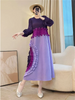 Tie Flower Design Women's Pleated Dress O-neck Long Sleeve Colorblock Patchwork Chic Beading Loose Famale Clothes