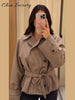 Women's Plaid Belt Short Jacket Loose Lapel Long Sleeve Lace Up Double Breasted Coats Autumn Lady Chic Jackets