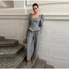 Elegant Woolen Top Pants Women Sets Chic Long Sleeve Slash Neck Pleated Blouse Straight Trousers Autumn Winter Lady Suit