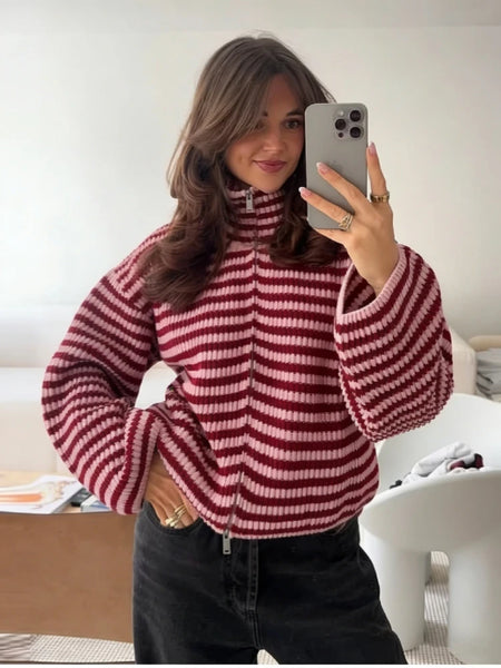 Spring Striped Loose Knit Cardigans Women Casual Turtleneck Zip-up Pink Sweater Coat Women Knitwear Streetwear