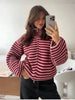 Spring Striped Loose Knit Cardigans Women Casual Turtleneck Zip-up Pink Sweater Coat Women Knitwear Streetwear