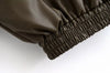 Winter Faux Leather Bomber Jacket Women Short Zipper Front Lapel Outerwear Multiple Pockets Warm Jackets