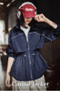Women's Lightweight Stand Collar Short Windbreaker Jacket Navy Blue Contrast Parka with Waist Cinching for Spring and Fall