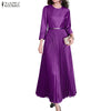Womens Elegant Satin Silk Party Dresses O-Neck 3/4 Sleeve A-Line Long Pleated Dress Solid Color Guest Evening Robe Femme