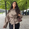 Vintage Plaid Women's Cropped Trench Coat Autumn Lapel Tie Waist Full Sleeve Windbreaker Chic Casual Elegant Jacket