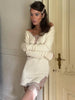 Solid Color Knit Lace Mini Dress V Neck Floral Eyelash Long Sleeve Bodycon Short Robes Women's Street Casual Coquette Gowns