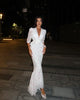 Women White Floral Print Maxi Dress V Neck Puff Sleeve Peplum Waist Fishtail Hem Chiffon Robe Elegant Party Wedding Guest Gown