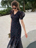 Flying Sleeve Ruffle Striped Slip Long Dress Women Elegant Square Collar Waist Cinching Pleat Party Dresses Chic Ladies Vestido