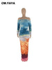 Women Gradient Tie Dye Printed Off Shoulder Long Sleeve Maxi Long Midi Bodycon Ruched Dress Sexy Party Club Dresses