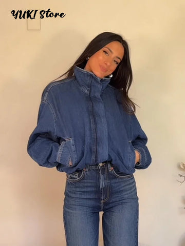 Chic Stand Collar Denim Cropped Jackets Women Loose Zipper Pockets Full Sleeve Female Coats Spring Lady Outwear Street