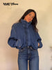 Chic Stand Collar Denim Cropped Jackets Women Loose Zipper Pockets Full Sleeve Female Coats Spring Lady Outwear Street