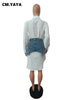 Vintage Women Long Sleeve Turn-down Collar Shirt Blouse Style Dress with Denim Jean Irregular Mini Skirt Two 2 Piece Set