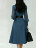 Women Denim Midi Dress Sheer Mesh Long Sleeve Stand Collar Belted A-Line Elegant Casual Office Party Dress