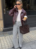 PU Crop Jacket Women Fall Wild Gothic Punk Elegant Waist Zip Full Sleeve Casual Streetwear Simple Classic Coat