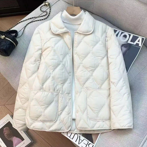 Women Warm Diamond Quilted Jackets Light Weight Lapel Thickened Short Outwear Single Breasted Loose Warm Windproof Parkas