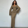 Solid Ribbed Trumpet Long Sleeve Maxi Dress Back Lace-Up Straps Elegant Casual For Women A little thinner Dresses All seasons