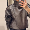 Stand Collar Leather Bomber Jacket For Women Spring Autumn Pockets Motorcycle Jacket Street Y2K Lady Bike Outerwear