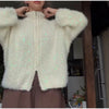 Women Sequined Fluffy Knit Cardigan Zip Up Stand Collar Loose Long Sleeve Sweater Jacket Autumn Party Casual Outerwear