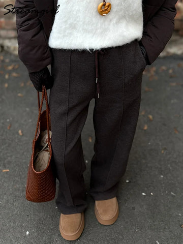 Thick Warm Straight Pants For Women Office Brown Wide Leg Trousers High Waist Women's Loose Pants For Ladies Spring