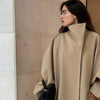 Chic Stand Collar Long Woolen Coats Women Loose Puff Sleeve Single Breasted Solid Warm Overcoat Autumn Winter Lady Outwear