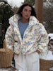 Women's Puffer Jacket Oversized Stand Up Collar Zipper Closure Floral Print Warm Cotton Filled Coat Autumn Winter