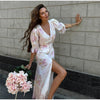 Elegant Ruffle Women's Long Dresses V Neck Half Sleeve Button Waist Cinching Pleated Dress Spring Lady Party Robes