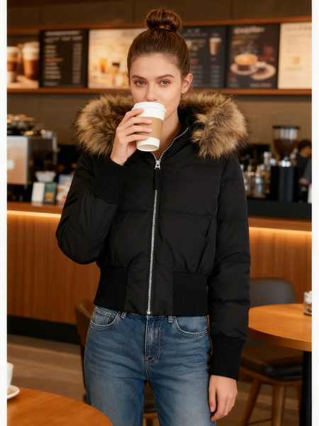 Wool Collar Hooded Cotton Women's Jacket Zipper Elastic Hem Long Sleeve Pocket Women Winter Coats Autumn Short Jacket For Ladies