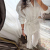 Casual Solid Shirt Trouser Suits Women Full Sleeve Lace Up Lapel Top Wide Leg Pants Lady Set Autumn Female Suit