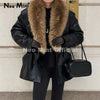 Brand Design Black Long Faux Leather Coat Women Detachable Fur Collar Oversized PU Leather Jacket Blazer