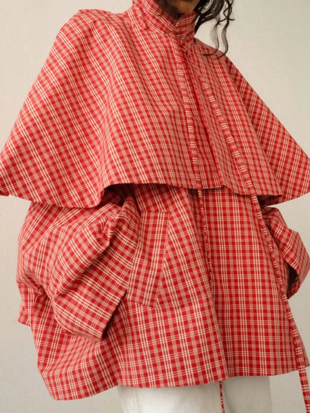 Red Stand Up Collar Plaid Cape Short Trench Coat Women's Windbreaker Long Sleeved Single Breasted Windbreaker Autumn Jacket
