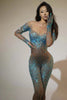 Sparkly Rhinestones Sexy Mesh See Through Bodycon Jumpsuit Women Birthday Gown Women Bar Nightclub Dancer Stage Outfit