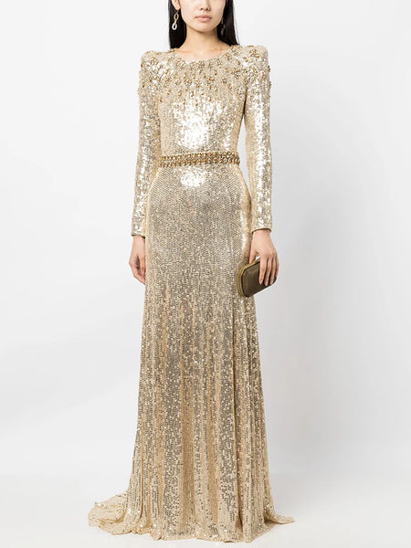 High Street Designer Party Vestido Women's Long Sleeve Gold Sequined Diamonds Long Maxi Dress