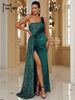 Wine Sequin Evening Dress Elegant Women One Shoulder Draped Split Wedding Party Prom Dresses Bridesmaid Wine Long Gown