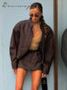 Vintage Solid Suede Skirt Two Piece Set Women Stand Collar Full Sleeve Zipper Jacket Mini Skirts Autumn Lady Streetwear