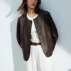 Women's Autumn Clothing European Sheepskin Casual O-Neck Single-Breasted Coffee Litchi Stria Genuine Leather Jacket