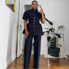 Vintage Elegant Two Piece Set Women Matching Sets Office Lady Single-breasted Puff Sleeve Blazer Coat and Wide Leg Pant Suits