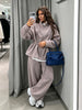 Women Casual Drawstring Waist Cinched Fleece 2 Piece Outfits Half Zip Stand Collar Sweatshirt Wide Leg Pants Set