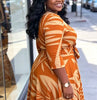 Plus Size Women Leaf Print Midi Dress, 3/4 Sleeve Tie Waist A Line Flowy Dress With Pockets