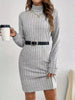 Cozy Casual Turtleneck Dress for Women - Long Sleeve, Ribbed Knit, Mid-Length with Side Stripes - for Fall/Winter