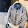 Denim Shirt Collar Stitching Fake Two-piece Sweater Women Knit Cardigan Autumn Casual Jacket Female Sweater Loose knitted Tops