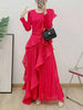 Ruffle Edge Maxi Pleated Dress For Women Round Neck Long Sleeves Solid Color Stitching Belt Dresses 2DA9911