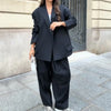 Loose Contrast Stitching Blazer Trousers Set Lapel Blazer Double Breasted Shoulder Pad Wide Leg Pants Casual Women Sets