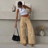 European and American Style Retro Flower Printing Wide-leg Jeans Women's Trousers Ruffle Edge Design Ripped Low-rise