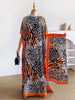 Dubai Mixed Animal Print Abaya With Matching Scarf, Boat Neck Batwing Sleeve Loose Maxi Kaftan Dress For African Muslim Women